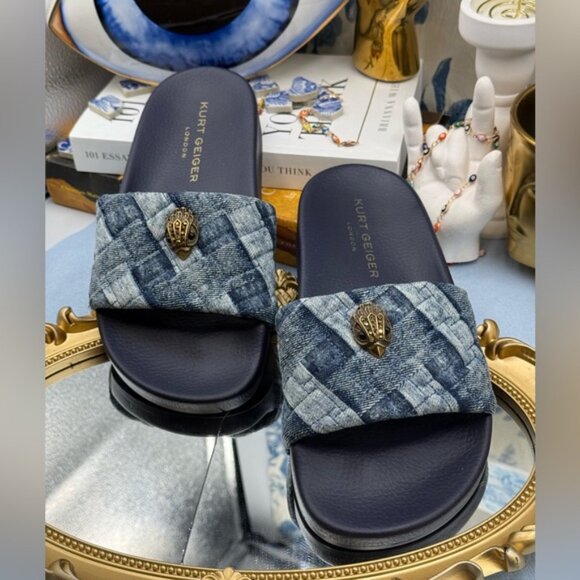 🆕 KURT GEIGER LONDON 🧿 NWOT Blue Denim Meena Eagle Slides, Sz EU 36.5 US 6.5 - Picture 6 of 14